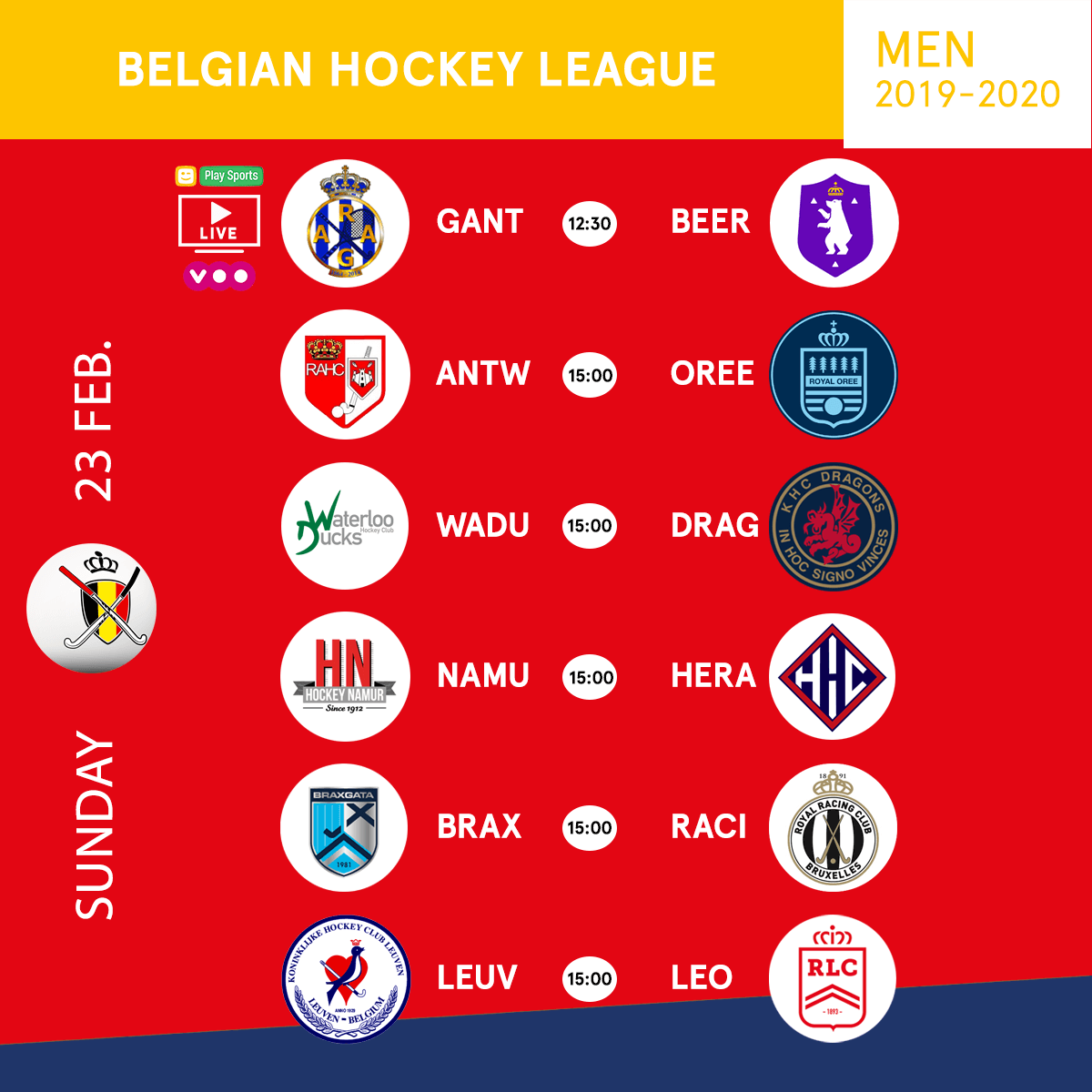 Programme Belgian Hockey League DH 23/02 Hockey Belgium